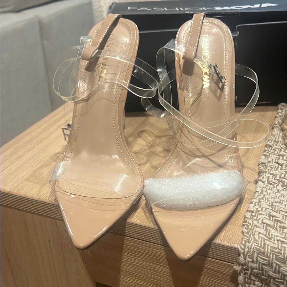 Fashion Nova Tan Heels with Transparent Straps